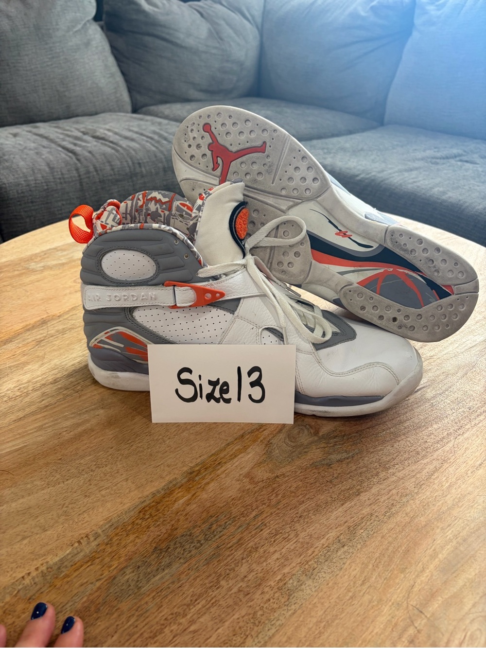 Jordan Retro 8 Men’s White and Gray High-Top Basketball Sneakers with Orange
